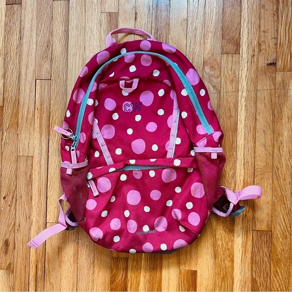 Lands’ End Classmate Girls Pink Polka Dot Initial “CW” Backpack